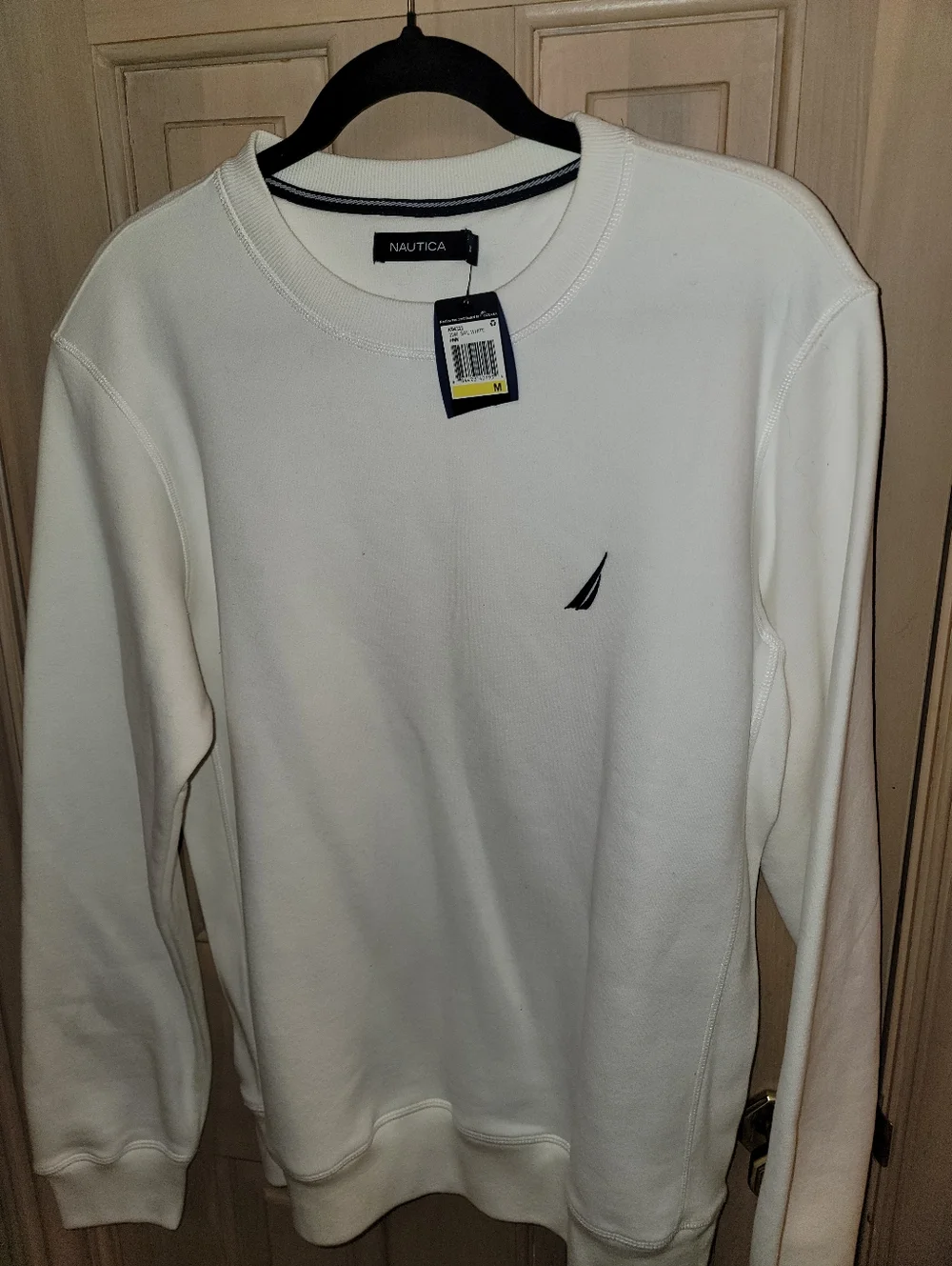 NWT Nautica Men's SZ M White Crewneck Pullover with Navy Logo - Picture 4 of 8